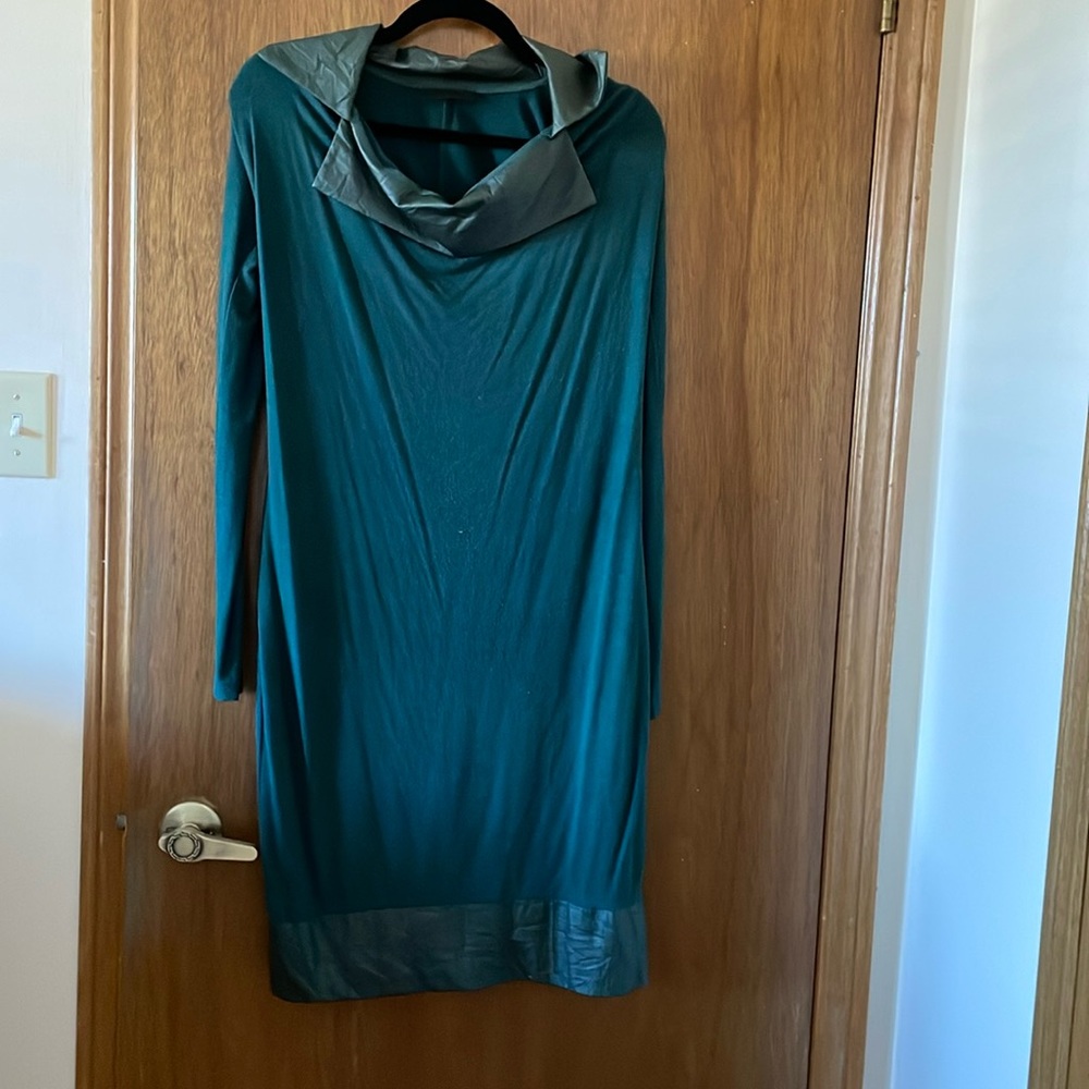 Forest green dress with green leather look trim.